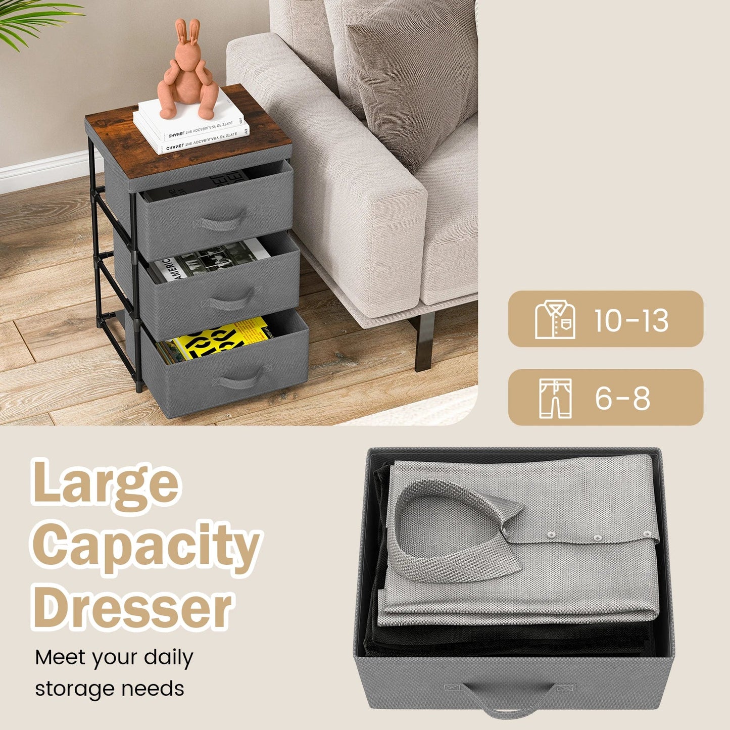 Tall Fabric Dresser with 3 Drawers